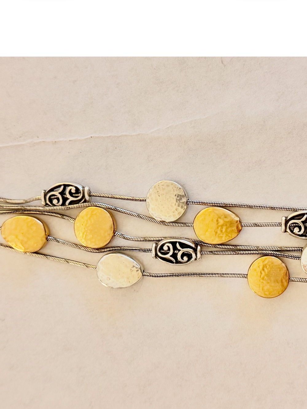Brighton Two-Tone Gold and Silver Hammered Disc Multi-Strand Bracelet